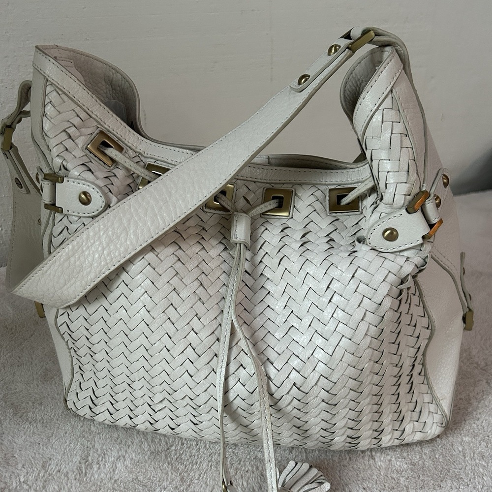 Cole Haan "Village Weave" SU06 Ivory Leather Woven Shoulder Bag Tote Boho Chic - Picture 1 of 12
